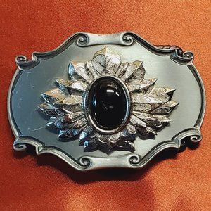 Silver Belt Buckle with Black Tourmaline Center Stone